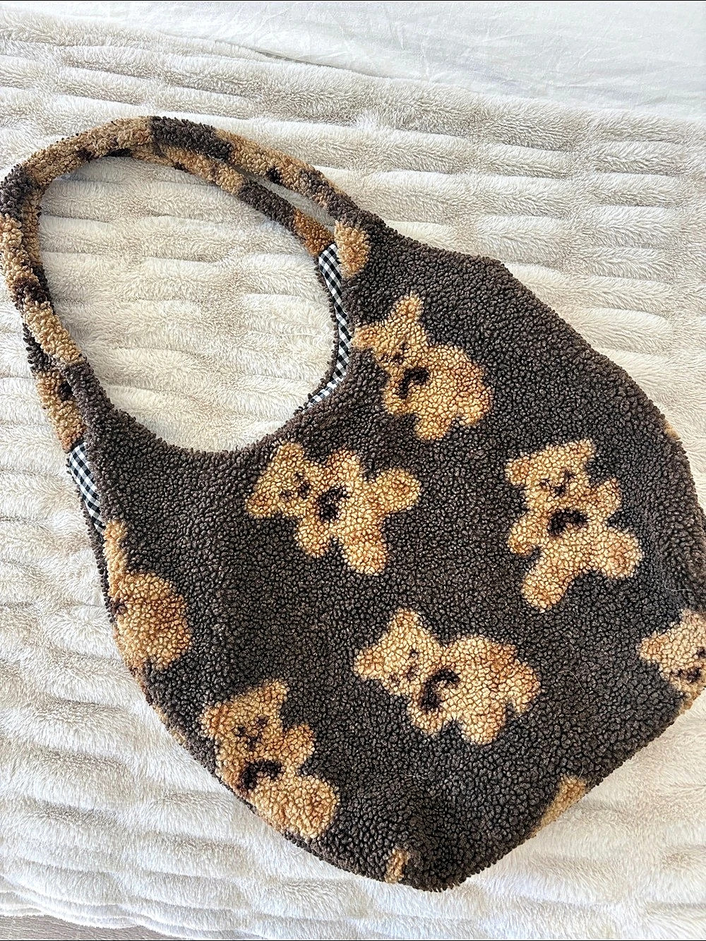 Sherpa Cute Bear Print Shoulder Bag in Brown  with Gingham interior
